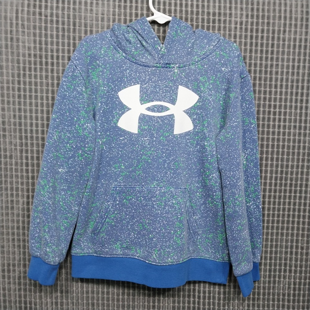 Under Armour Boys Hoodie Splatter Print Logo Fleece Size 7 Blue